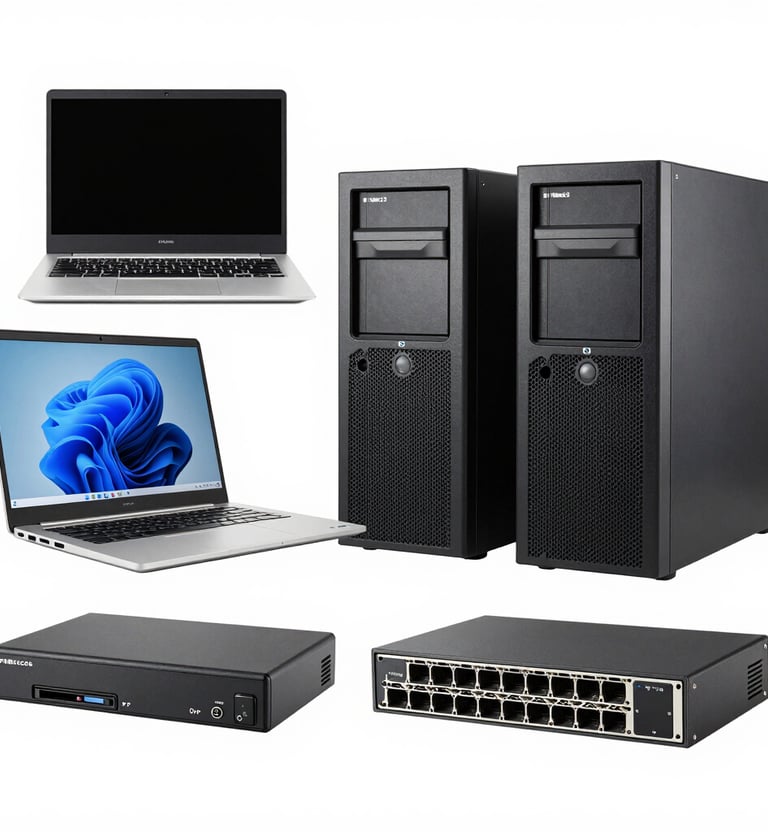 A stack of refurbished desktop computers neatly arranged in a bright, organized workspace.