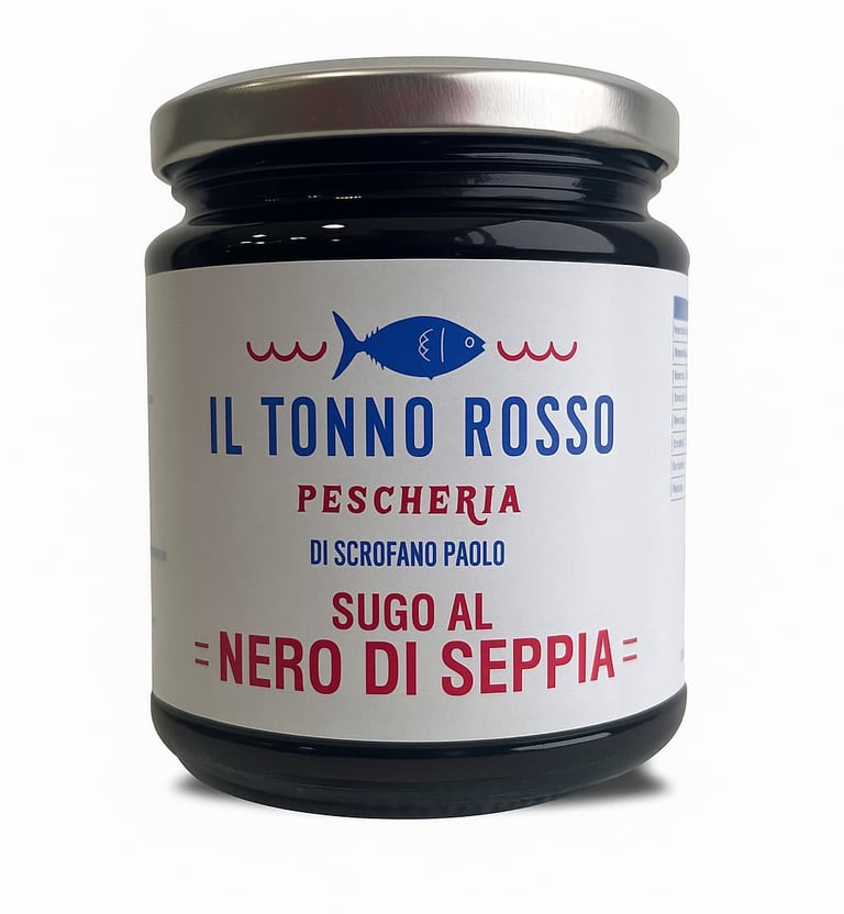 Barattolo di sugo al nero di seppia del marchio Il Tonno Rosso Pescheria di Scrofano Paolo