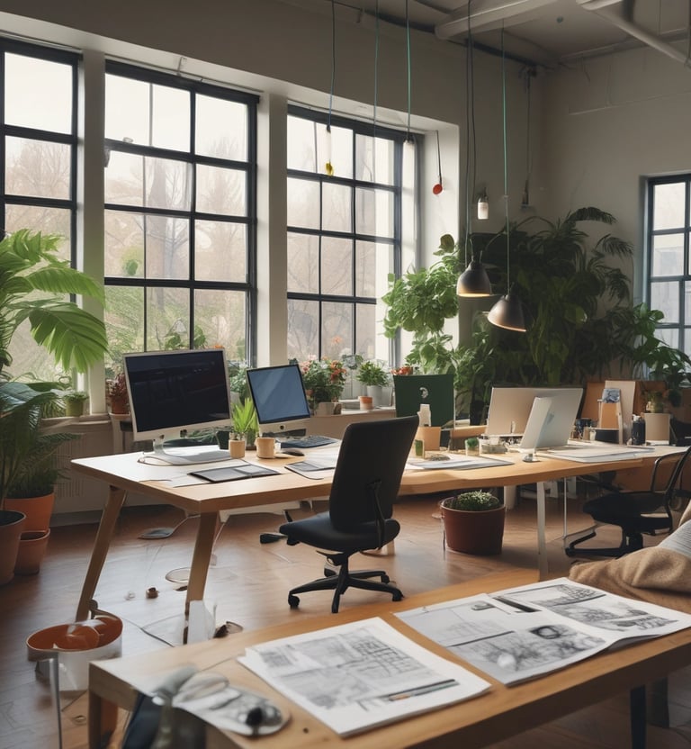 an office with a lot of desks and chairs