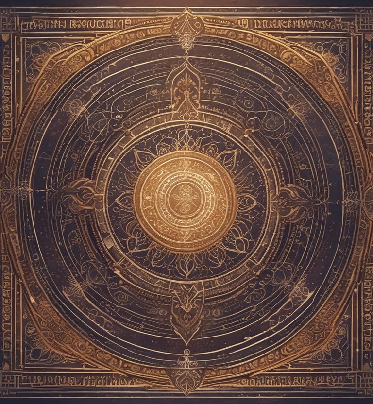 A pair of hands is positioned palms-up on a cloth featuring zodiac signs and a sun-like face. A stack of tarot cards, adorned with mystical symbols, rests on the cloth, surrounded by scattered blue glass beads.