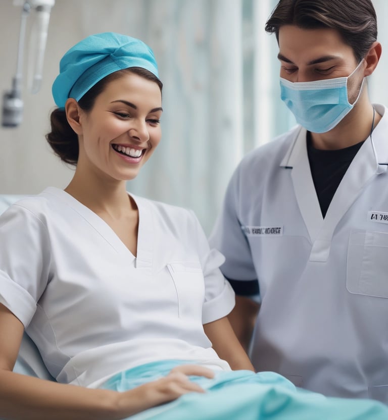 A person is seated in the center with their hands covering their face, surrounded by a variety of medical instruments and supplies on tables. The tables are covered with green cloths, and there are items like syringes, scissors, bandages, and bottles. Two people in orange clothing are interacting with the person in the center. The setting appears to be a temporary medical or clinical setup.