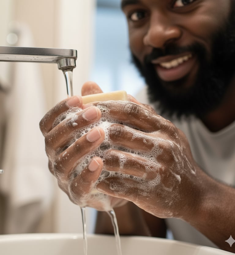 a man is washing his hands with soap