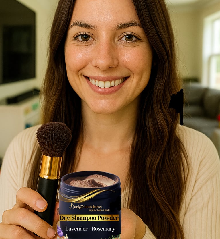 lady holding back2naturalness dry shampoo powder in hand and kabuki brush in other hand 