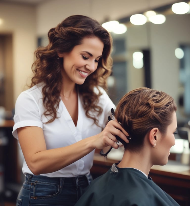 A hairstylist with curly hair and a beard is attentively cutting a client's hair in a modern barbershop. The barber is wearing an orange shirt and is working with a comb and scissors. The salon is well-lit with contemporary lighting fixtures visible in the background.