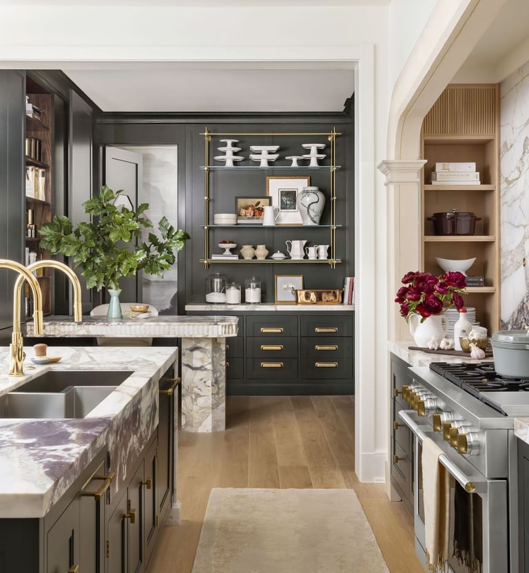 a kitchen with a marble counter top and a marble counter top