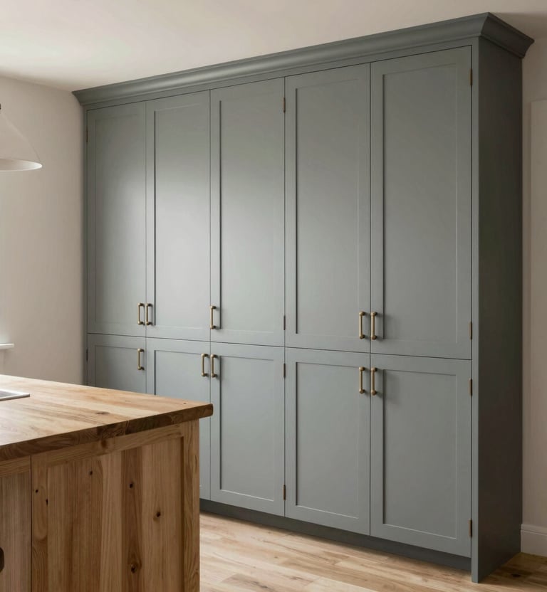 A close-up view of a wooden cabinet with a metallic handle. The cabinet door is partially open, revealing an empty shelf inside. The countertop above is dark, contrasting with the light wood of the cabinet.