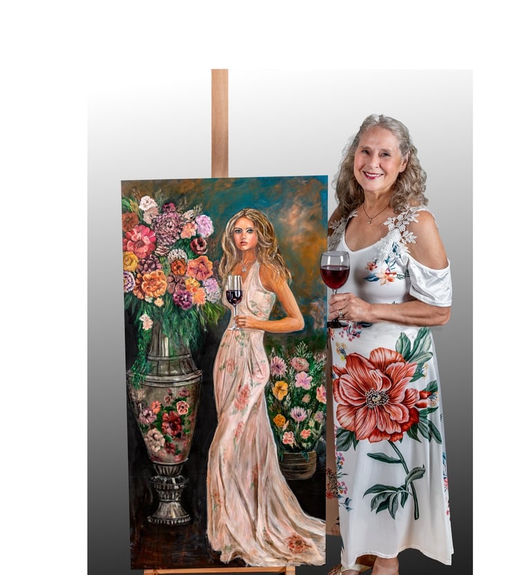 “Glass of Grace” 4’x2’ oil painting of woman with flowers hold a glass of wine.