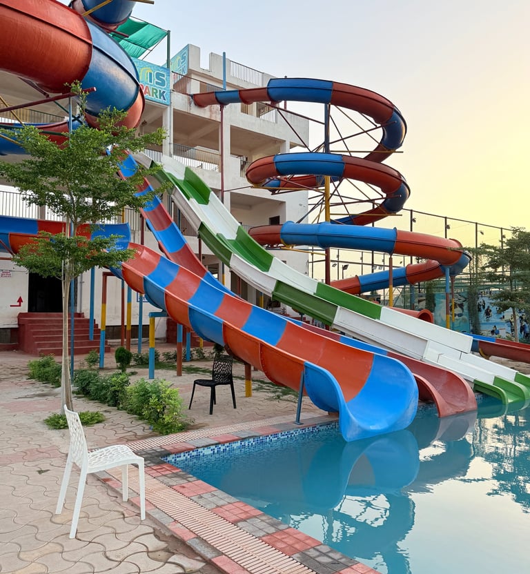 a water slider with a slider and a chair