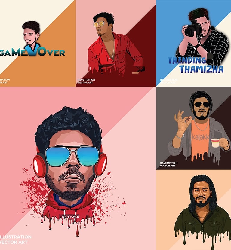 Colorful caricature drawing of a smiling person with exaggerated facial features, large eyes