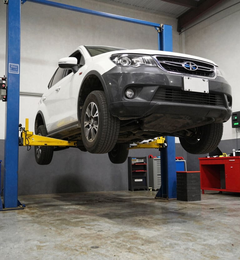 A red car is suspended on a vehicle lift in the middle of an auto repair garage. The garage has a high ceiling, fluorescent lights, and appears to be equipped with various tools and machinery along the walls. The floor of the garage is slightly wet and has a drain in the middle. There is a sign in Italian visible on the right side of the image.