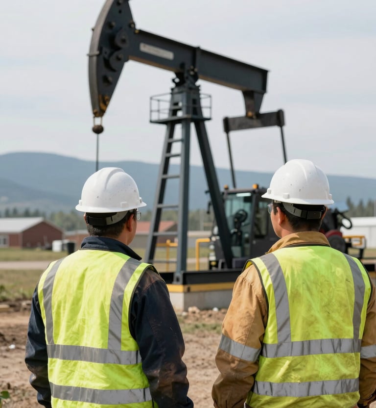 Close-up of well-used safety helmets and gloves neatly arranged on a rig site bench