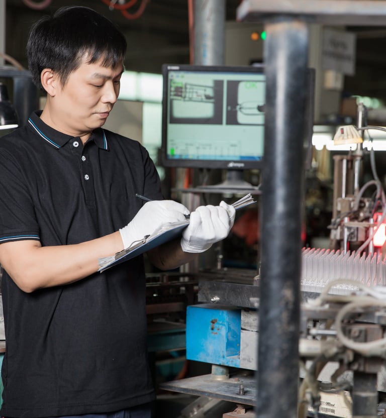 A factory quality control technician in white gloves inspecting a production line with a clipboard.