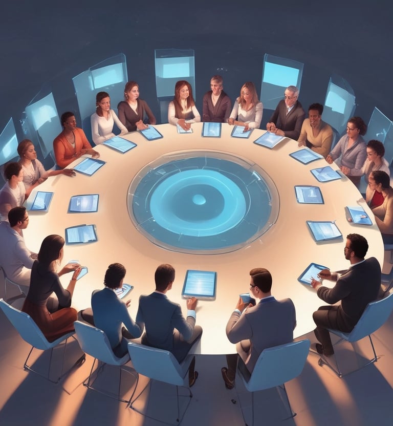 A vibrant display of colorful data visualizations projected on a screen during a research meeting.