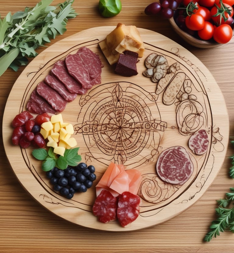 Metal kitchen utensils with personalized engravings laid out on a rustic wooden table