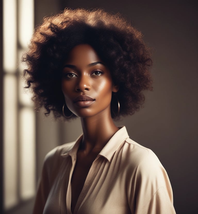 An elegant AI-generated portrait featuring soft lighting and a poised entrepreneur against a minimalist backdrop.