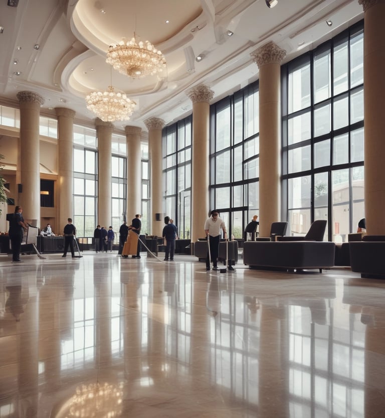 Professional cleaner polishing hardwood floors in a bright residential lobby