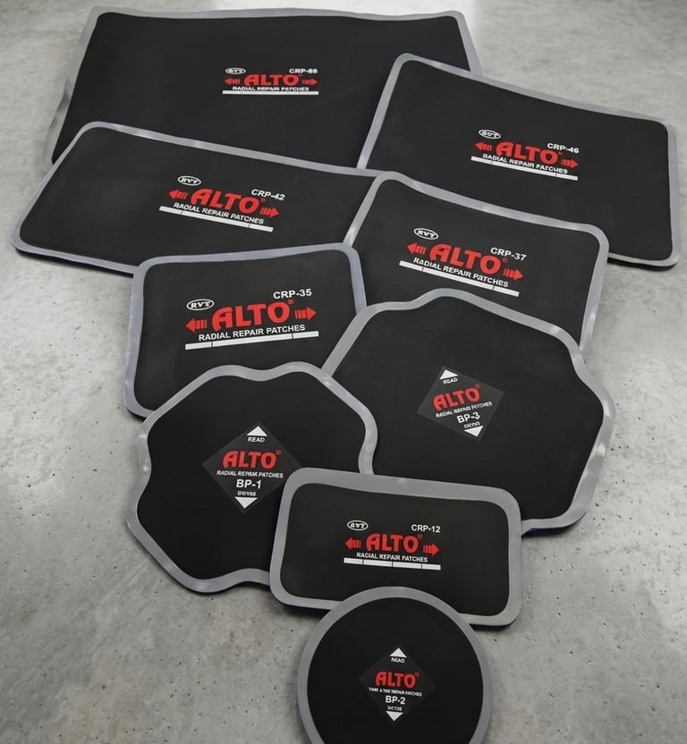 Selection of Alto radial tire repair patches in various sizes and shapes for professional automotive maintenance.