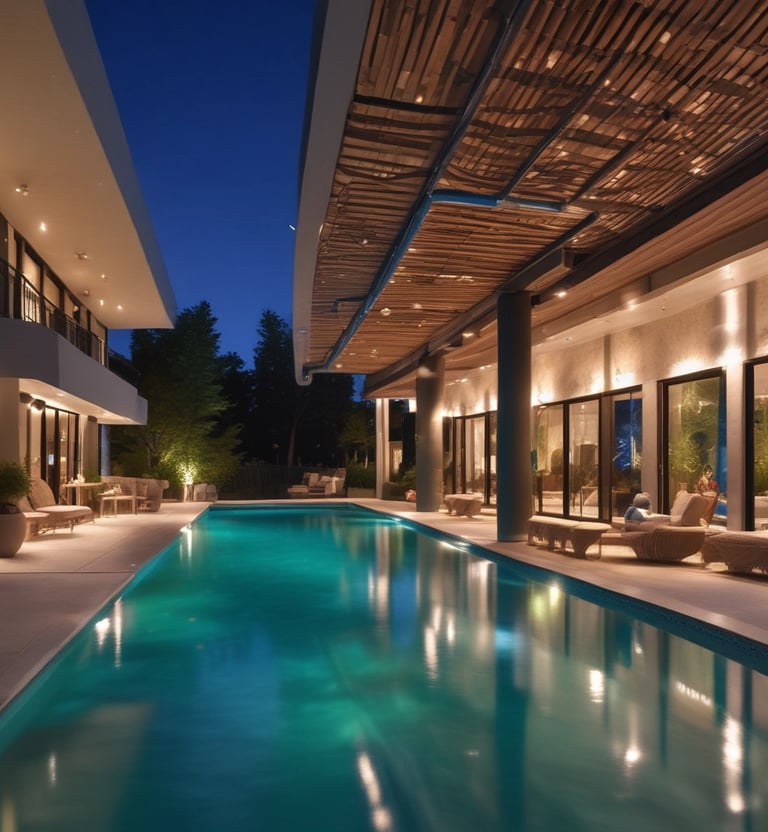 Decorated indoor event space arranged for an intimate celebration with floral and lighting details.