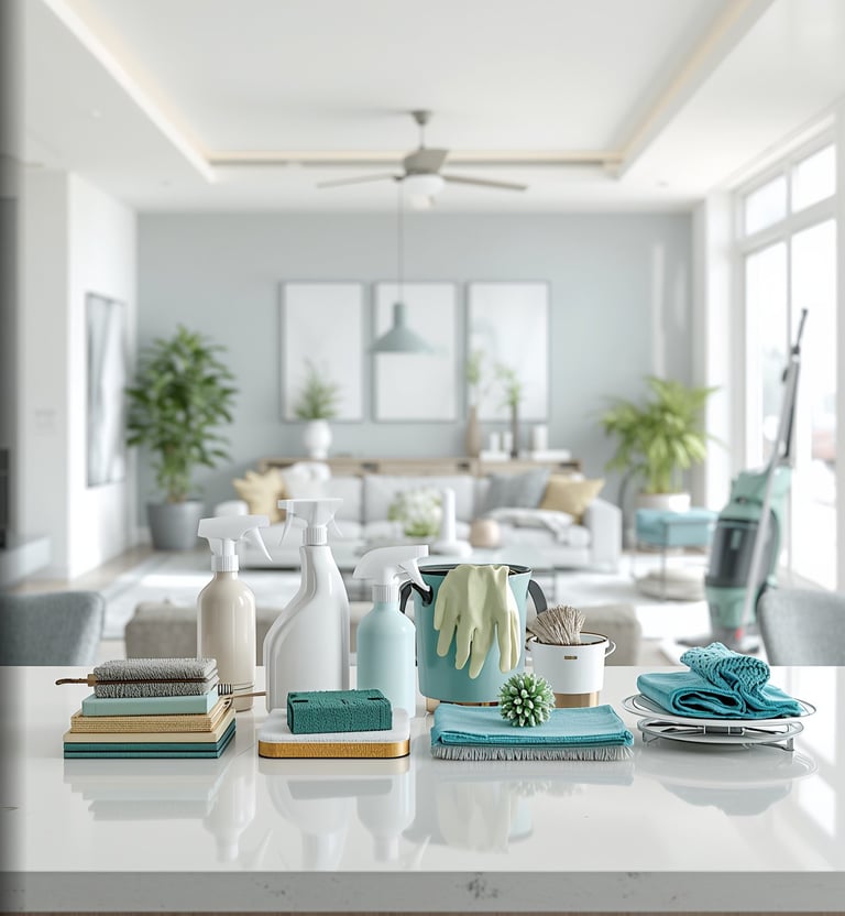 Professional house cleaning supplies and microfiber cloths arranged on a kitchen counter.