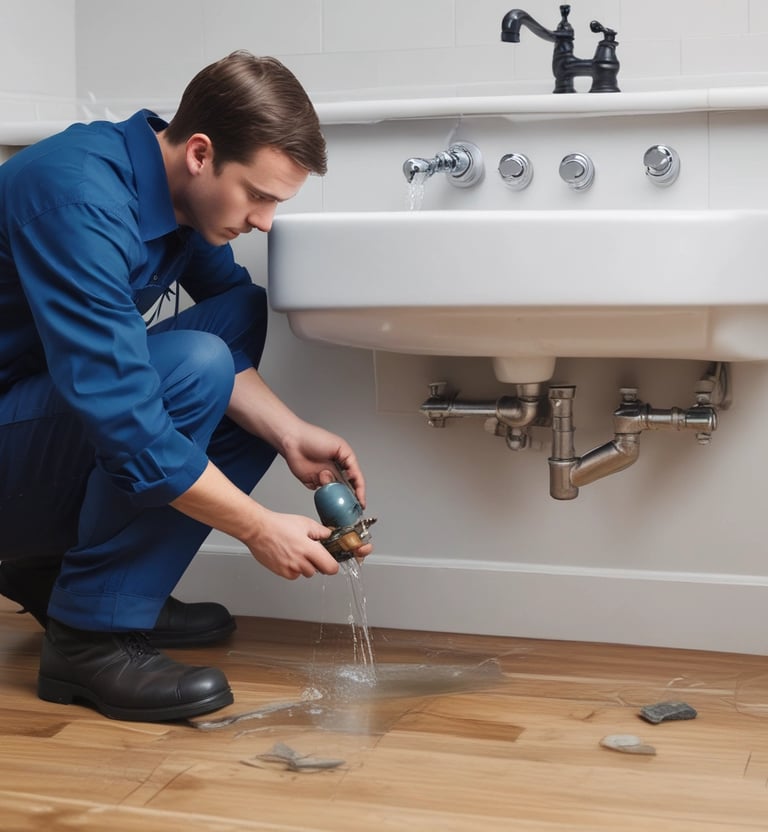 Technician repairing a boiler system, showing detailed hands-on work with pipes and valves.
