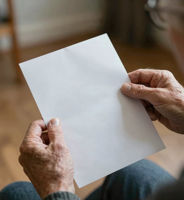 A gentle hand holding a delicate rose-tinted envelope with a wax seal, resting on a wooden table