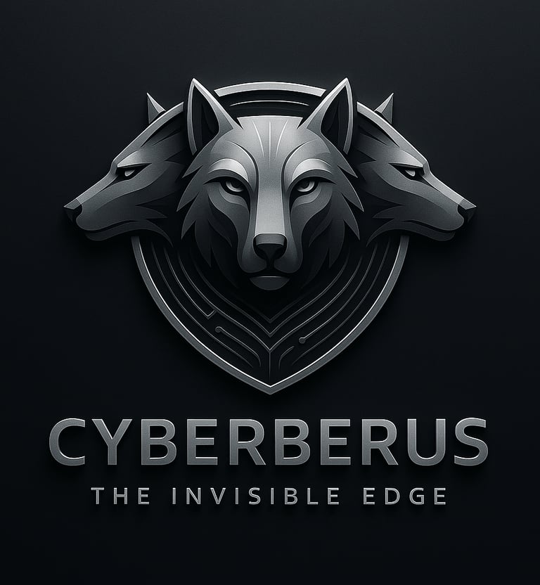 Metallic three-headed wolf Cyberberus logo emblem for cybersecurity branding on dark background.