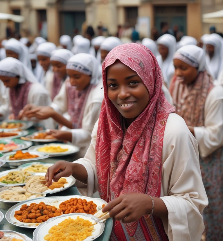 Volunteers distributing aid packages to families under a clear blue sky