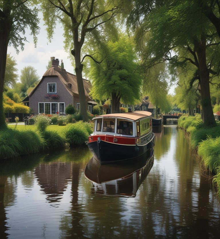 A peaceful canal scene in Giethoorn with quaint thatched-roof houses and boats gently floating on the water