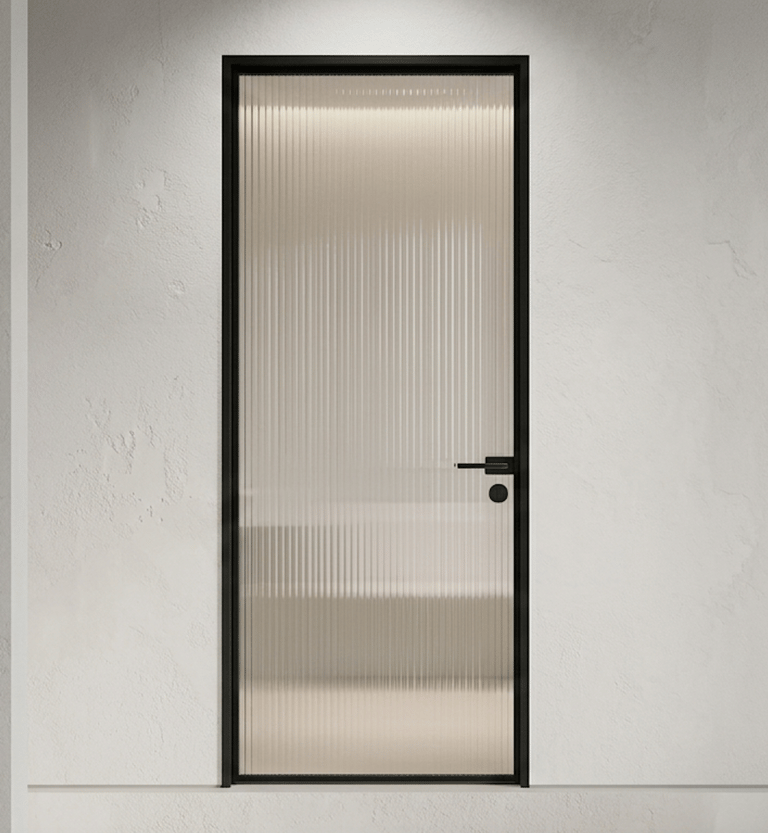 Modern black frame interior door featuring reeded fluted glass and a sleek matte black handle.