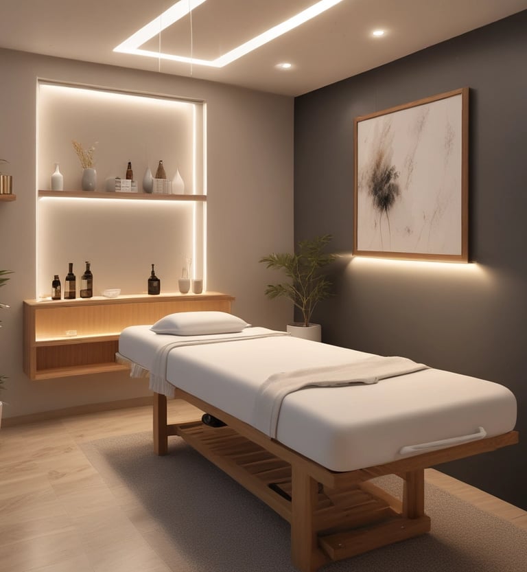 a massage room with a white bed and a table
