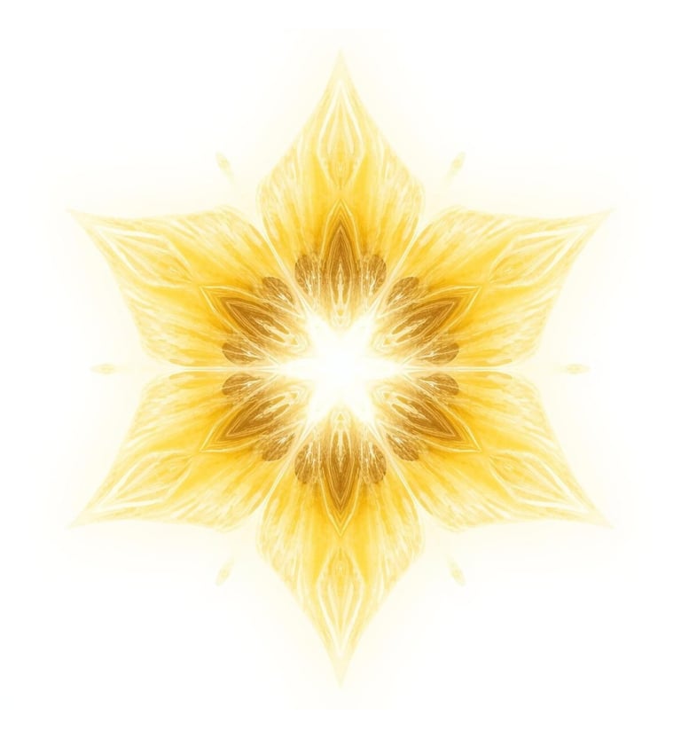 Golden glowing flower mandala with symmetrical star petals on a white background.