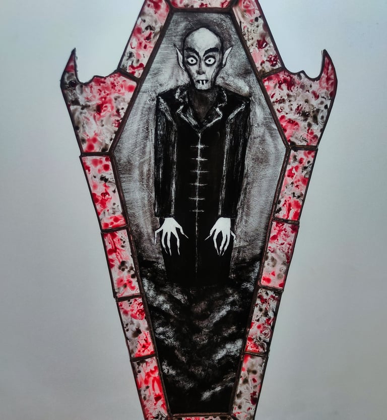 Vitrail, peinture sur verre, verre, Tiffany, vampire, cercueil, noir, rouge, gothique