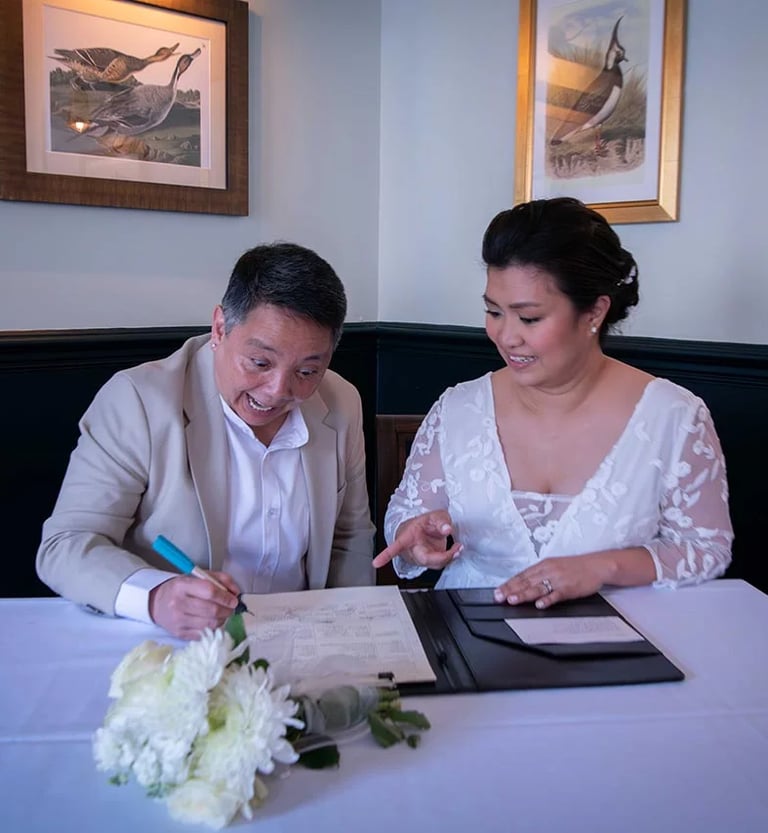 same-sex wedding couple signing the register at The Admiral Hardy Greenwich