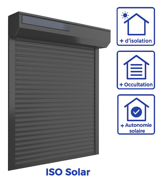 Volet roulant solaire ISO Solar gris anthracite avec pictogrammes isolation et énergie solaire
