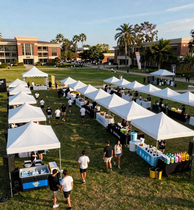 Vibrant photo of students enjoying wellness activities outdoors at Memory Mall during a sunny day