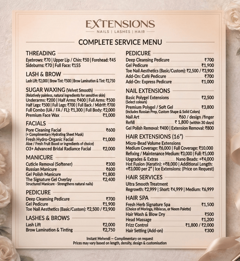 a menu for a nail lash and hair salon