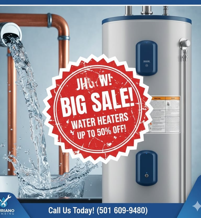 a water heater with a big sale sign on it