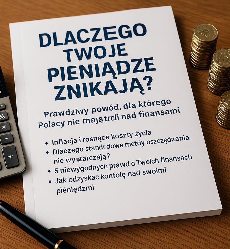 Wydrukowany dokument finansowy w języku polskim zatytułowany „Dlaczego Twoje Pieniądze Znikają?”, wr