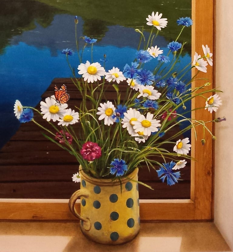 Une peinture de bouquet de fleurs des champs dans un pot d'antan sur le rebord d'une fenêtre ouverte