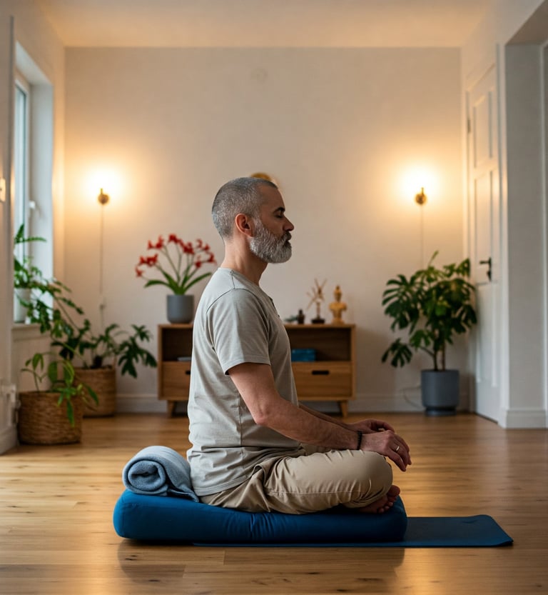 Hombre meditando en casa