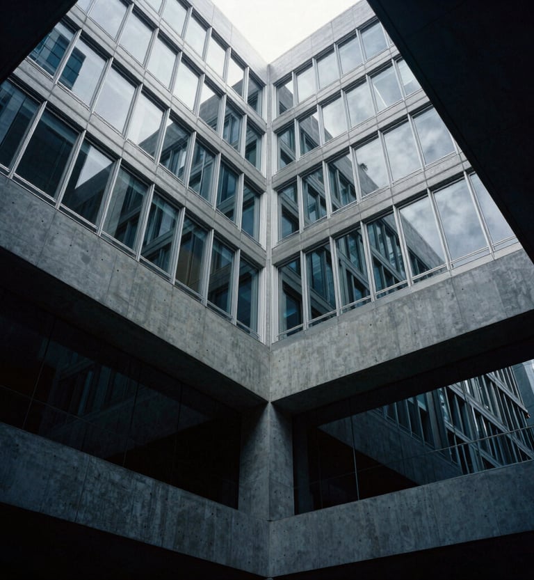Architectural low-key photography of modern corporate headquarters interior, concrete and glass structures, cool silver light filtering through windows, high contrast, 35mm lens