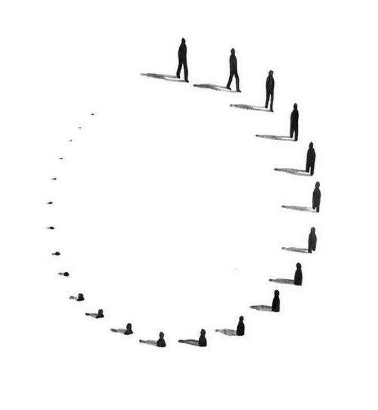 People walking in a circular path symbolizing repeated life patterns, habits, and behavioral cycles 