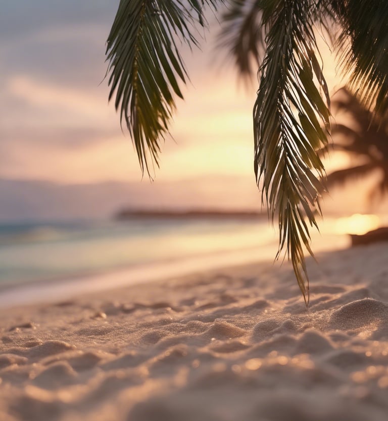 a palm tree on the beach with a sunset