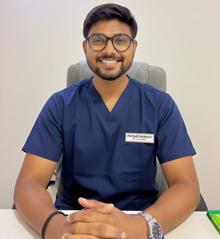 a male physiotherapist in scrubs and sitting at a desk