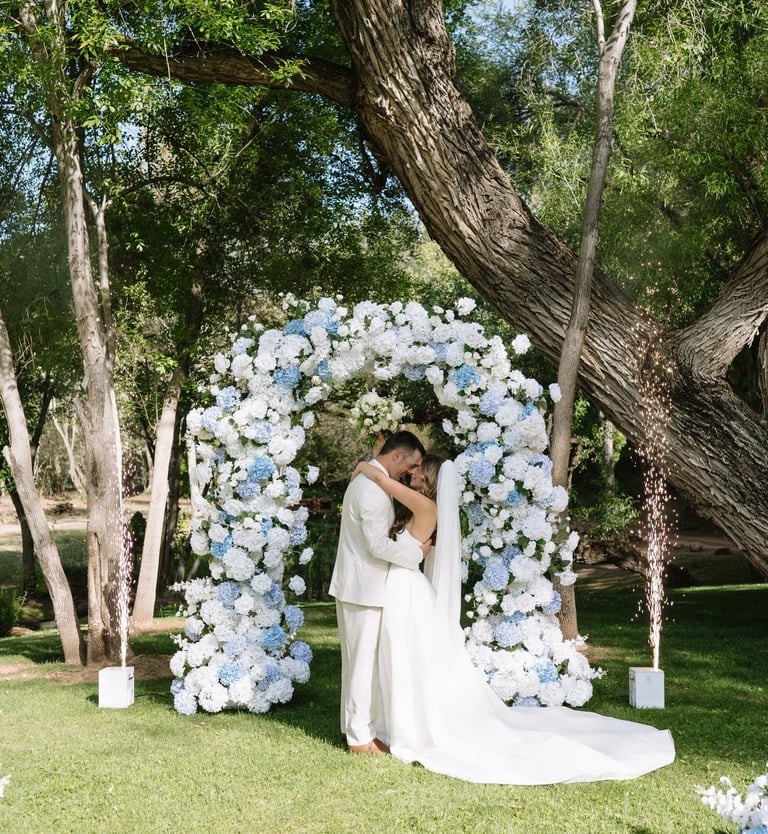 White hydrangea Blue flower arch wedding