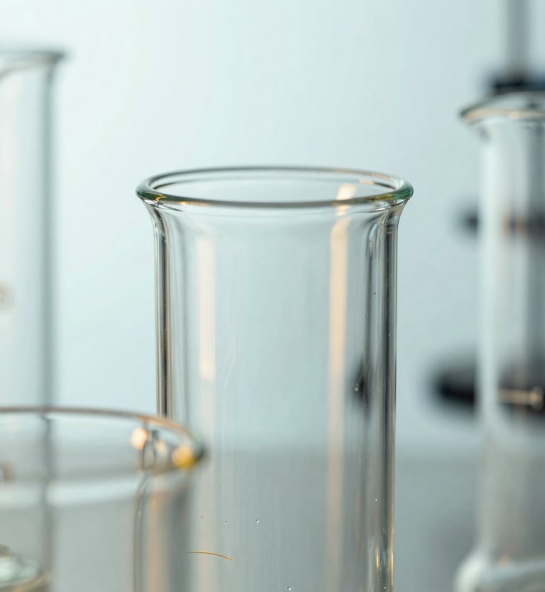 Clear glass test tube and beakers for scientific laboratory research and chemical experiments.