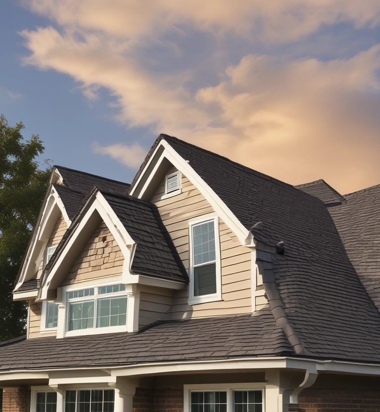 A friendly roofing contractor inspecting a house roof on a sunny day.