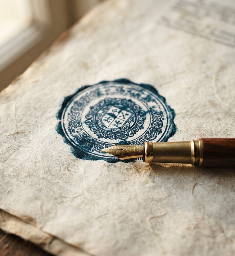 Macro shot of a legal document with an official ink stamp and a fountain pen on a textured paper background, soft natural window light