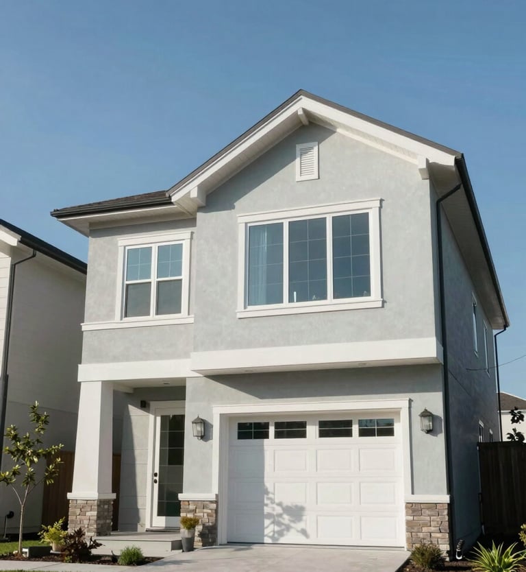 A professional, low-angle shot of a modern, clean-lined residential property in a North American / US suburb, with clear blue skies and soft mint grey exterior accents under bright, natural daylight.
