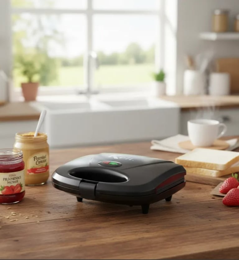 Black electric sandwich maker on a wooden kitchen counter with bread, jam, and strawberries.